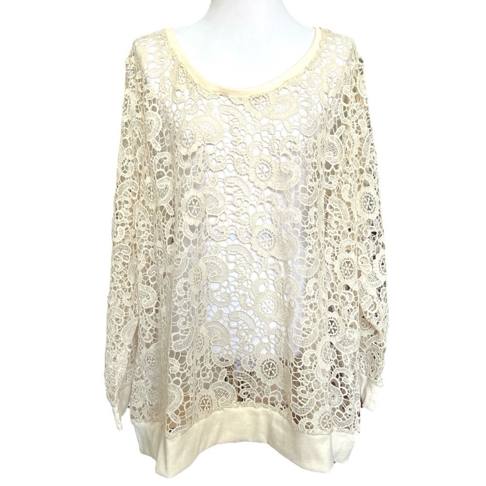 NWT Lane Bryant Floral Embroidered Crochet Sweatshirt Top Blouse Siz 26/28 Ivory